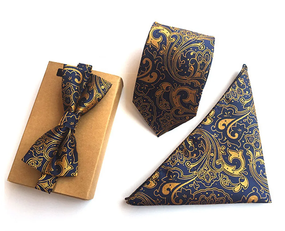 

SCST Brand New Gold Paisley Print Blue Mens Neckties Silk Ties For Men Handkerchief And Bow Tie With Match Tie 3pcs Set A054