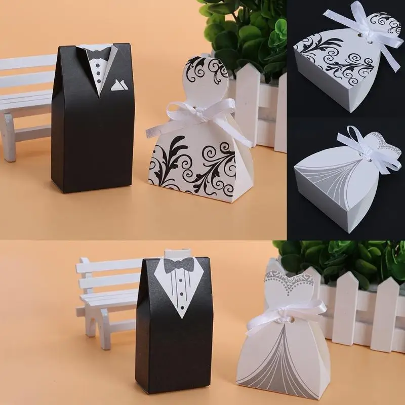 

100pcs/lots Bride And Groom Dresses Wedding Candy Box Gifts Favor Box Wedding Bonbonniere DIY Event Party Supplies