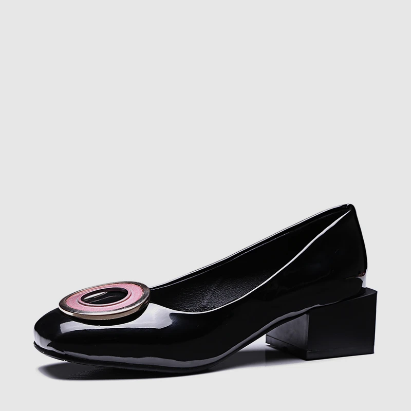 BONJOMARISA/ г. Новые дизайнерские весенние туфли-лодочки того же бренда женские черные туфли из лакированной Pu искусственной кожи на среднем широком каблуке, большие размеры 32-48
