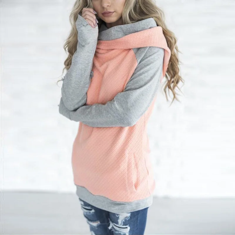  ELSVIOS 2017 Double hood hoodies sweatshirt Women Autumn Long Sleeve side zipper Hooded Casual Patc