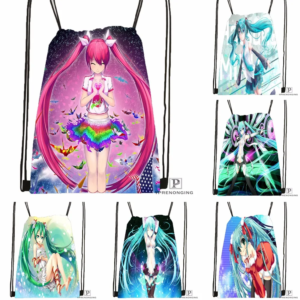 Пользовательские Hatsune Miku Megurine Drawstring сумка-рюкзак милый рюкзак детский Ранец (черный назад) 31x40 см #180531-03-37