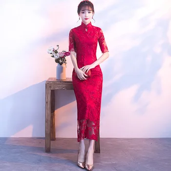 

Red Lace Wedding Qipao Long Cheongsam Modern Chinese Traditional Dress Sexy Cheongsam Dress Robe Chinoise Vestido Oriental Prom