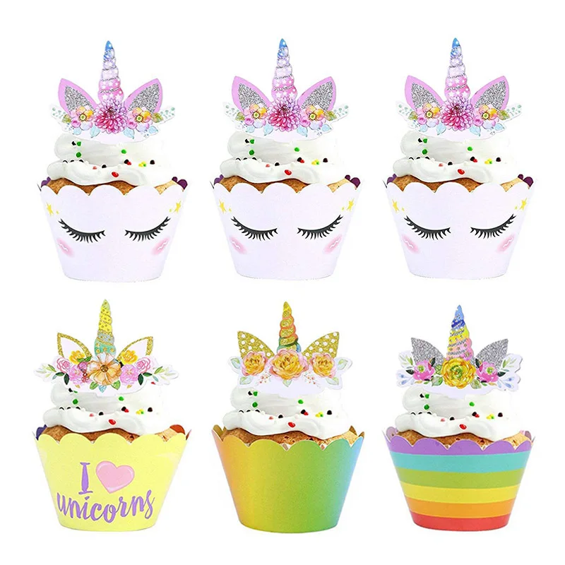 

24Pcs Unicorn Rainbow Cake Toppers Cupcake Wrappers Birthday Party Cake Decoration Baby Shower Favors Unicorn Party Supplies