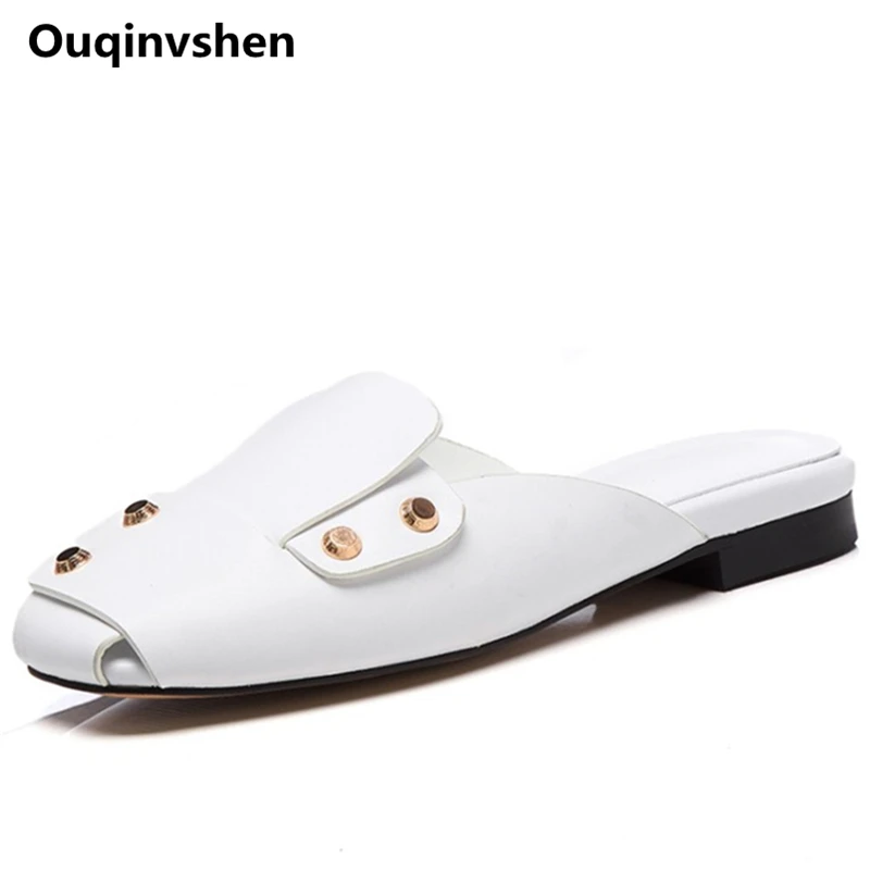 

Ouqinvshen Rivet Women Shoes 2018 Square Toe Casual Fashion Genuine Leather White Black Women Slippers Hollow Mules Shoes Womem
