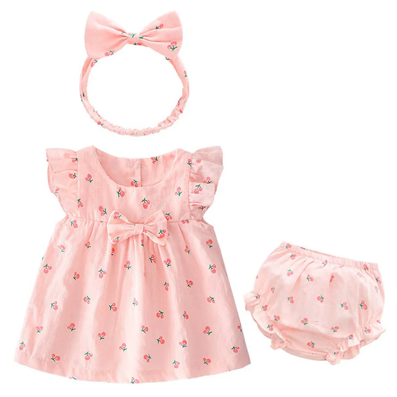 IYEAL/летнее платье для маленьких девочек Хлопковое платье для маленьких девочек с принтом+ шорты+ повязка на голову, детская одежда для малышки - Цвет: Pink cherry