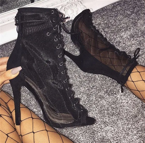 New Mesh Clear Combat Peep Toe Boots Women Back Zipper Lace Up Ankle Boot Sexy Thin High Heels Booties Sandals Summer Woman