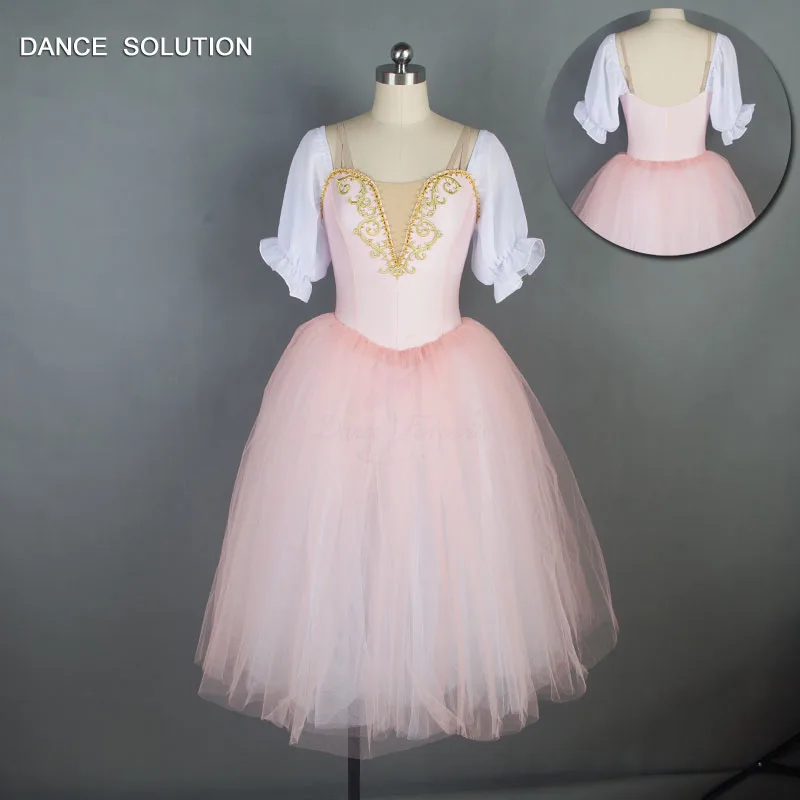 

Pale Pink Spandex Bodice with Gold Trim and Puff Sleeves Women & Girl Dance Costumes Long Ballet Tulle Dress Dancewear 18703