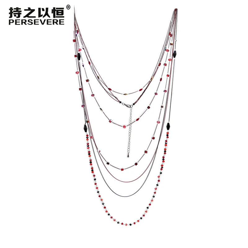 

New Double Layer Crystal Beads Necklace Women Sweater Long Chain Necklace Fashion Jewelry Party Birthday Gifts For Mom Girls