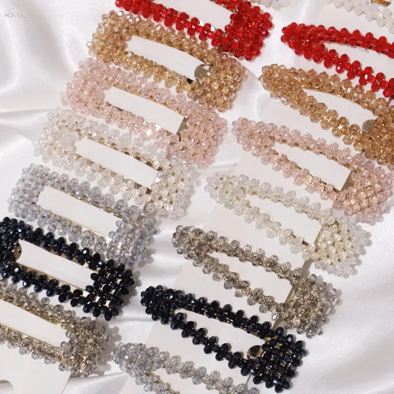 

AOMU Korea Handmade Braided Crystal Hair Clips Geometric Rectangle Waterdrop Shape Hairpins Hair Accessories for Women