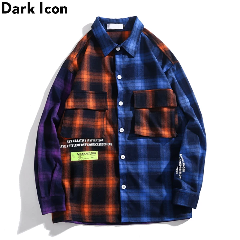 

Dark Icon Flannel Plaid Pockets Street Shirts Men 2019 Turn-down Collar Letters Printed Men's Shirt Long Sleeve