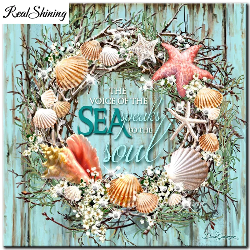 

5d Diy Diamond Painting Sea Shells Wreath Cross Stitch Needlework Full Square Round 3D Diamond Embroidery Home Decorative FS5210