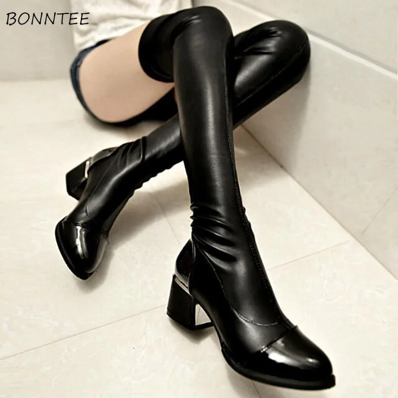 Boots Women Slim Elegant Long Over Knee PU Leather Boot Fashion Warm Plus Velvet Thigh High Shoes 2019 Womens Casual Waterproof