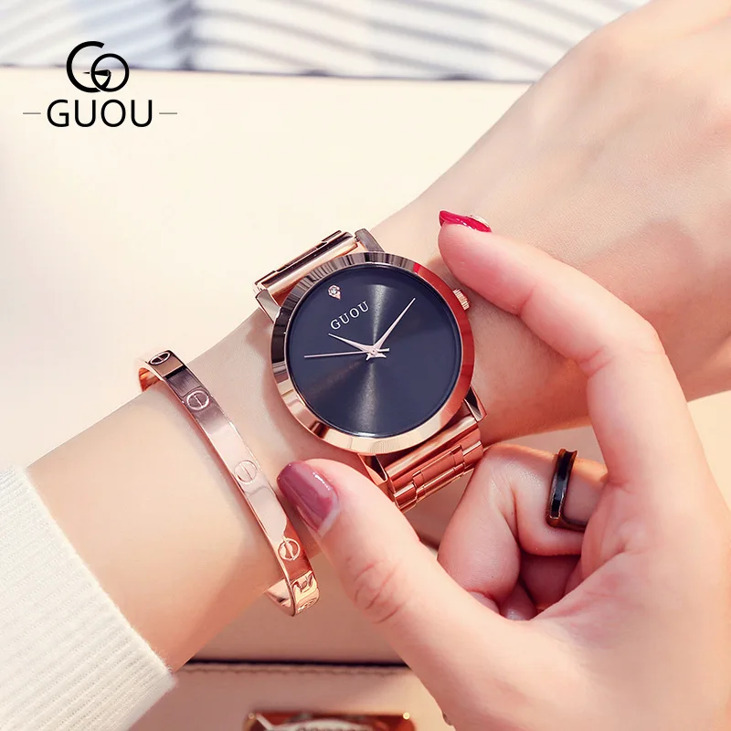  Luxury GUOU Janpanese Core Rose Gold Full Stainless Steel No Fade Analog Quartz Women Ladies Weddin