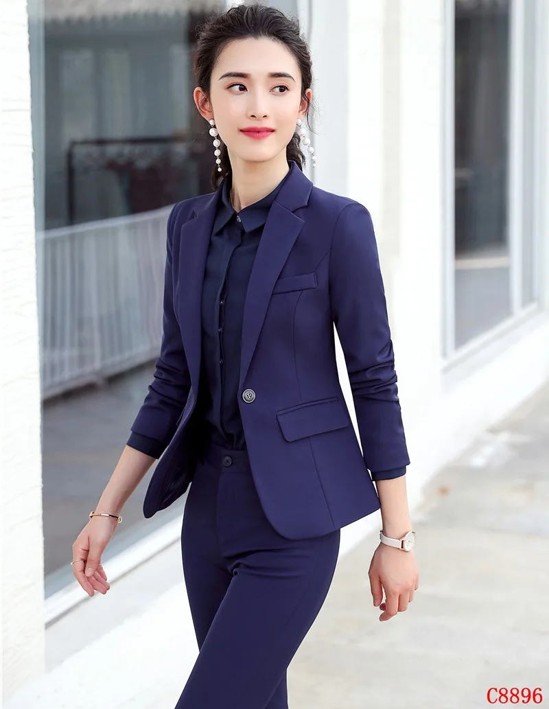 Ladies Navy Blue Professional Business Suits With Jackets and Pants ...