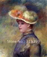 Oil Painting Reproduction on canvas,young woman wearing a hat with wild roses by pierre auguste renoir,FreeShipping,handmade