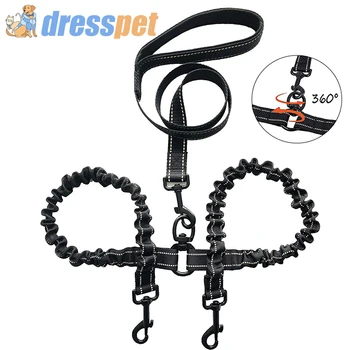 

DRESSPET Pet Dog Leash 360° Anti-winding 1 drag 2 Nylon Reflective Buffer double Rope Leash For Two Pet Dogs