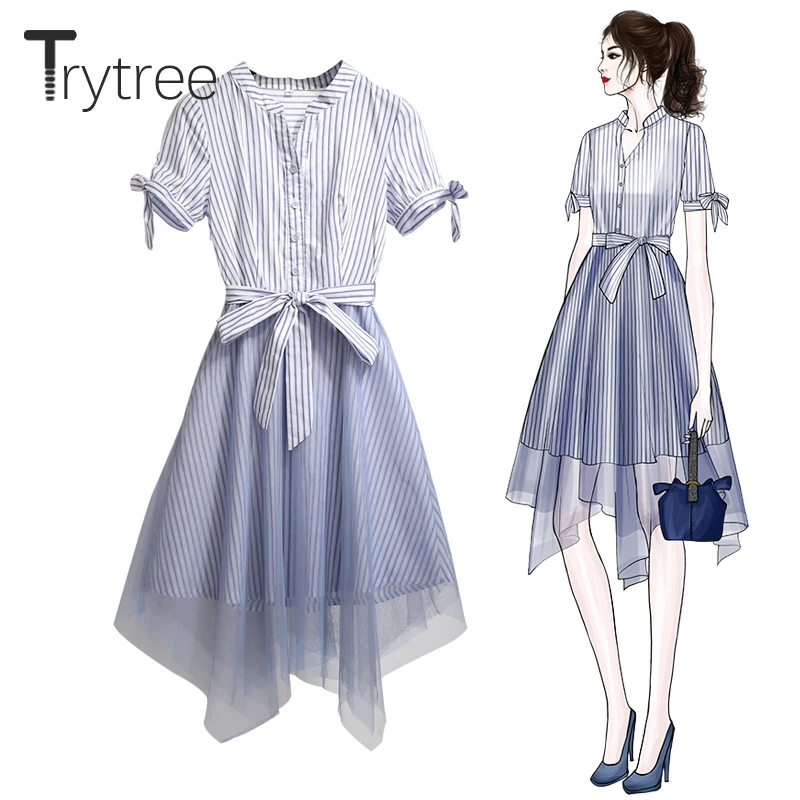Платье рубашка в полоску Trytree розовое/синее Повседневное платье с поясом на