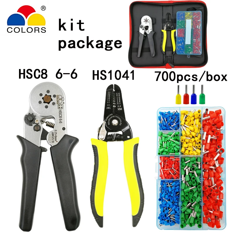 

COLORS Kit HSC8 6-6 0.25-6mm2 crimping pliers HS1041 multifunction stripping cut wire plier suit 2 kinds box tube terminal tools