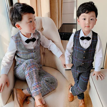 

new 2019 boys clothes set for wedding vest+pant boys spring clothes sets 2pcs boys handsome plaid full dress