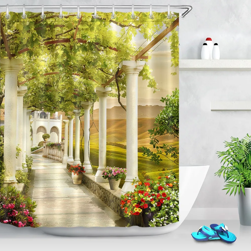 Shower Waterproof Curtain Fabric Landscape Villa Seaside Bathroom Polyester
