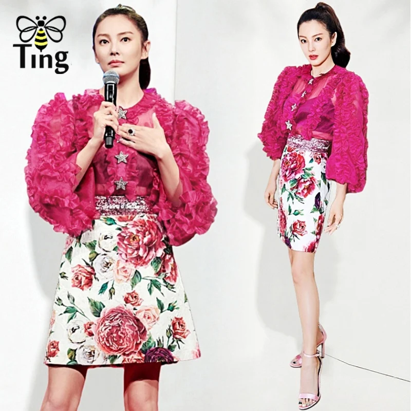 

Tingfly 2019 Designer Runway Ruched Ruffles Shirt + Sequined Floral Print Mini Skirt Women Two Pieces Set Office Lady Work Sets