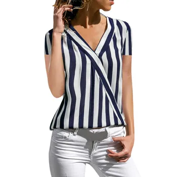 

large Size Striped Blouse Women Striped Short Sleeve Irregular Blouse Work Office V-Neck Blouse Blouse camisa feminina