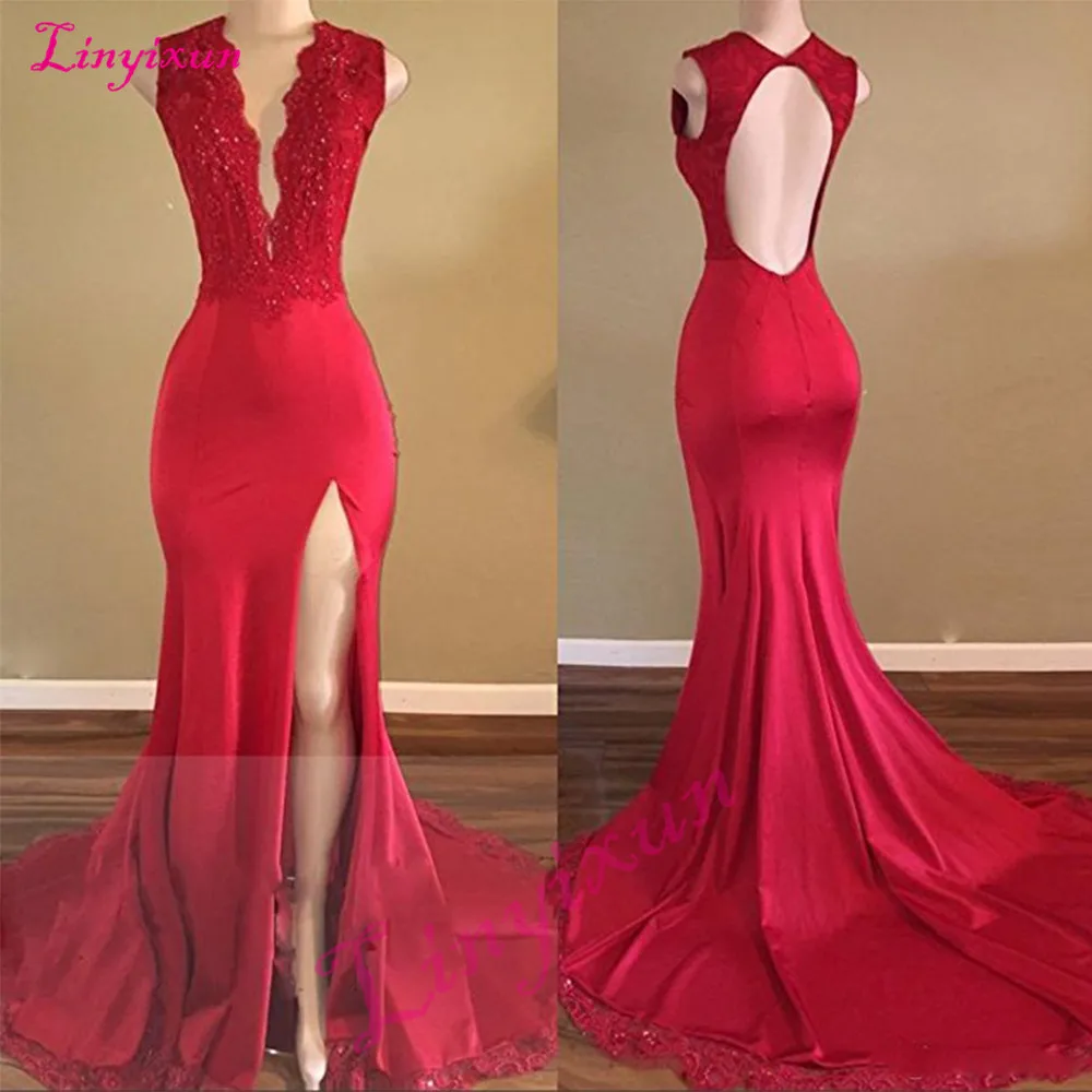 

Linyixun Red Women Sexy Evening Dresses Robe de Soiree Courte Backless Split Side Lace Deep V Neck Tank Mermaid Prom Dresses