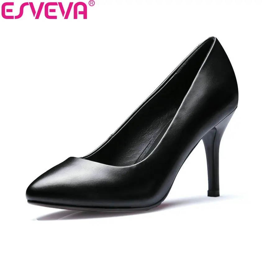 

ESVEVA 2018 Women Pumps Sexy Thin High Heel Slip on Office Ladies Shoes PU+Cow Leather Buckle Party Wedding Shoes Size 34-39