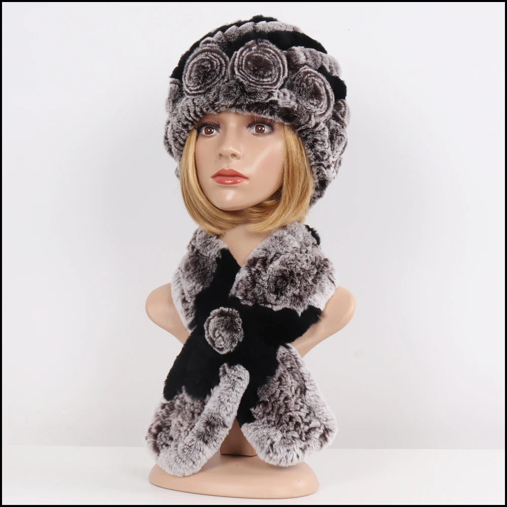 Горячая Распродажа женские 100% шапки из натурального меха наборы шарфов женские зимние вязаные Настоящий мех кролика шапки муфельные 2 шт
