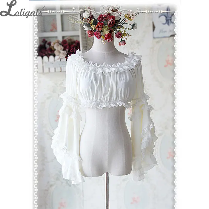 

Sweet Detachable Flare Lace Sleeve Chiffon Blouse Ruffled Short Women's Crop Top White/Black/Ivory by Infanta