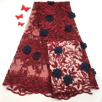 

red Latest African beads Lace Fabric High Quality French 3D Applique Embroiery Tulle Lace Fabric For Nigerian Party 5yards H1170