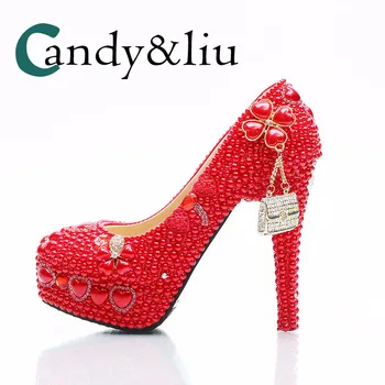 

Red Pearl Wedding Shoes Big Size High Heel Platform Cyrstal Pumps Handmade Women's Slip-on Bridal Shoes Round Toe for Bride