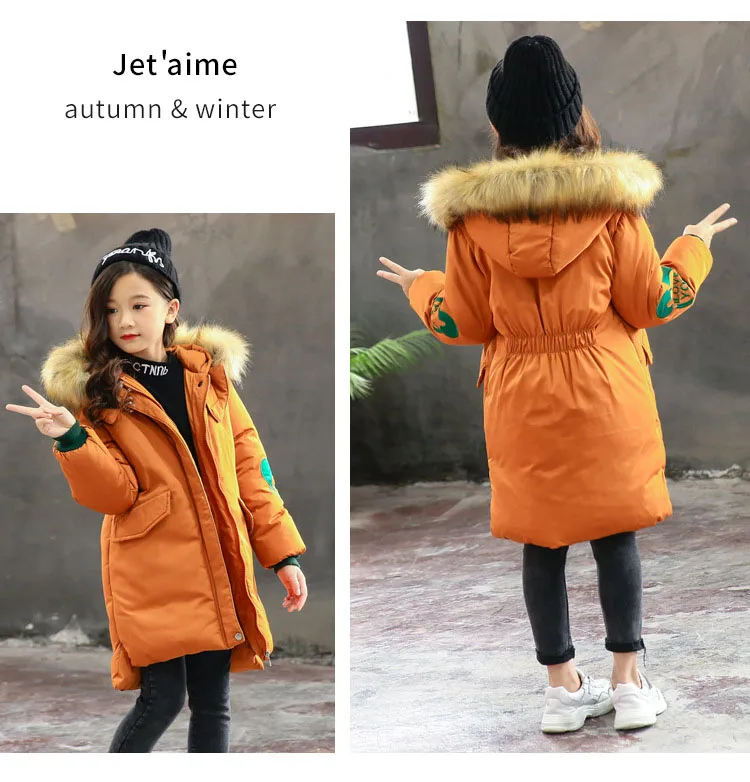 Теплая зимняя одежда для девочек пальто на возраст от 3 до 13 лет Новинка года, детская утепленная куртка зимний комбинезон с капюшоном, длинная верхняя одежда детская хлопковая парка