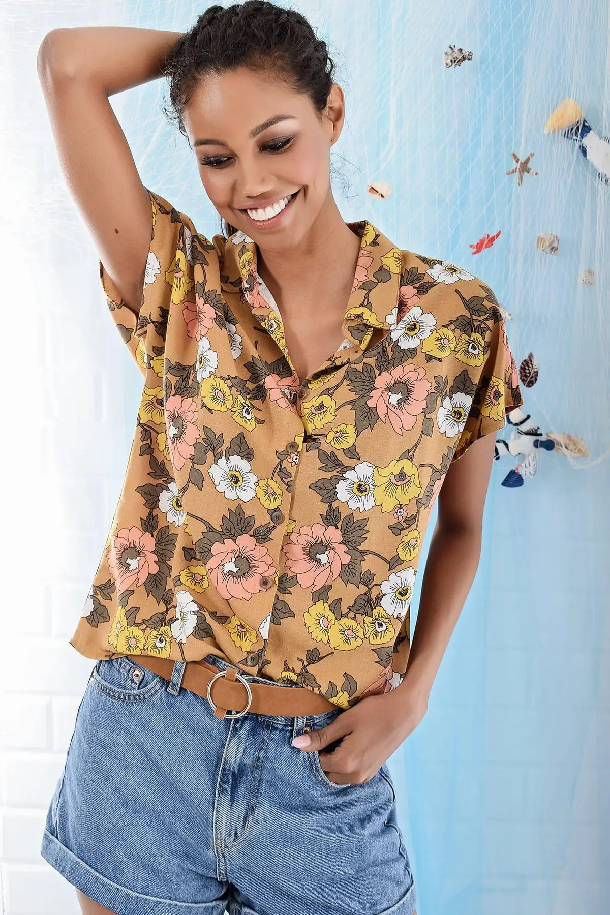 Trend: alacati Style Women Camel Short Sleeve Print Shirt ALC-6722 |