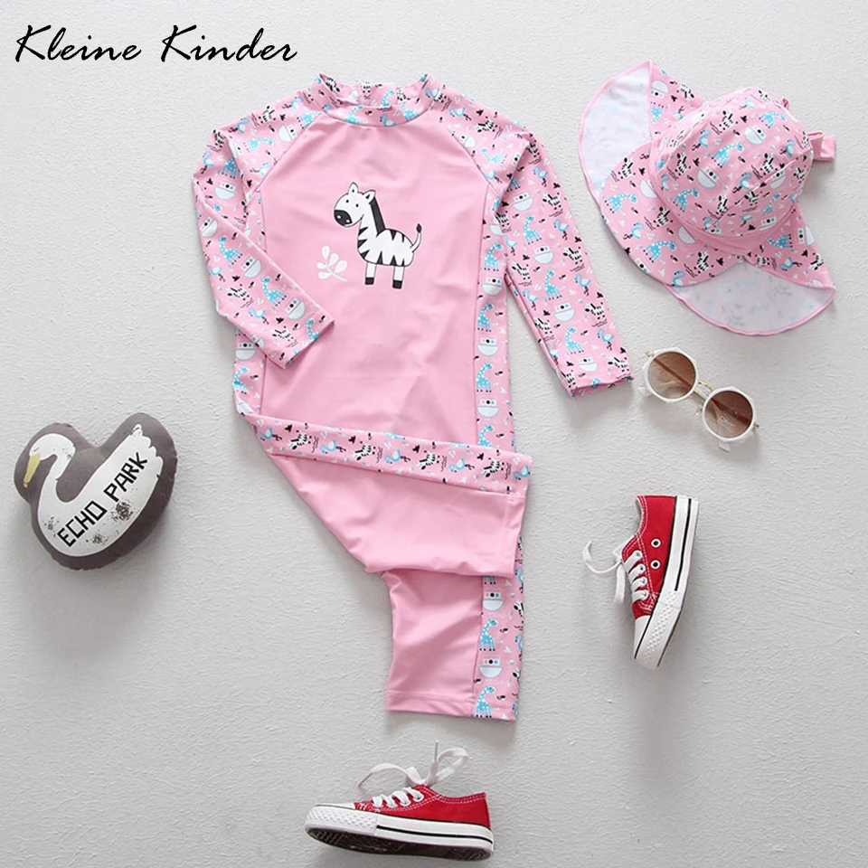 

Girls Swimwear Cartoon Pony Giraffe Print Pink Baby Bathing Suit Sun Block Long Sleeve Baby Swimsuit Beach Wear Swimming Suits