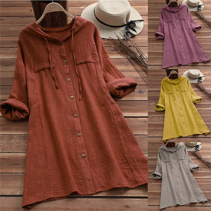 New Fashion Summer Women Brief Casual Daily Hooded Pocket Loose Blouse Button Plus Size Cotton T-Shirt Top #4F01  (9)