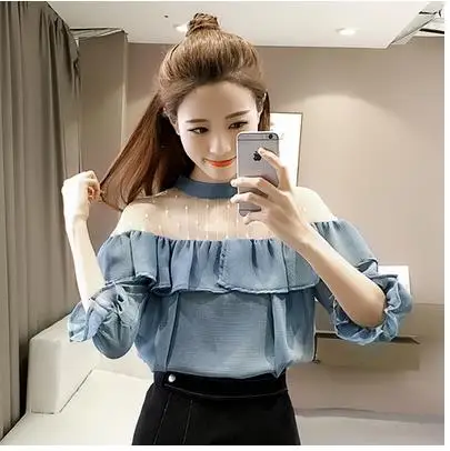 В New 017 свободные Half высокий круглый воротник марлевые Сращивание Перспектива Joker Chiffon Shirt Jacket