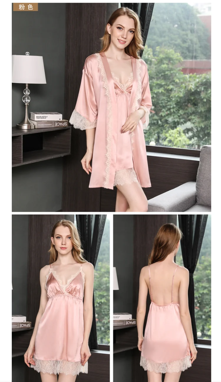 Mancha de Seda Homewear Robe Grupo Mulheres Rosa Azul Cinza Lace Stain Silk Pijamas Vestido Define Dois Peças 100% 9 High Quality Pijamas e Moda Íntima