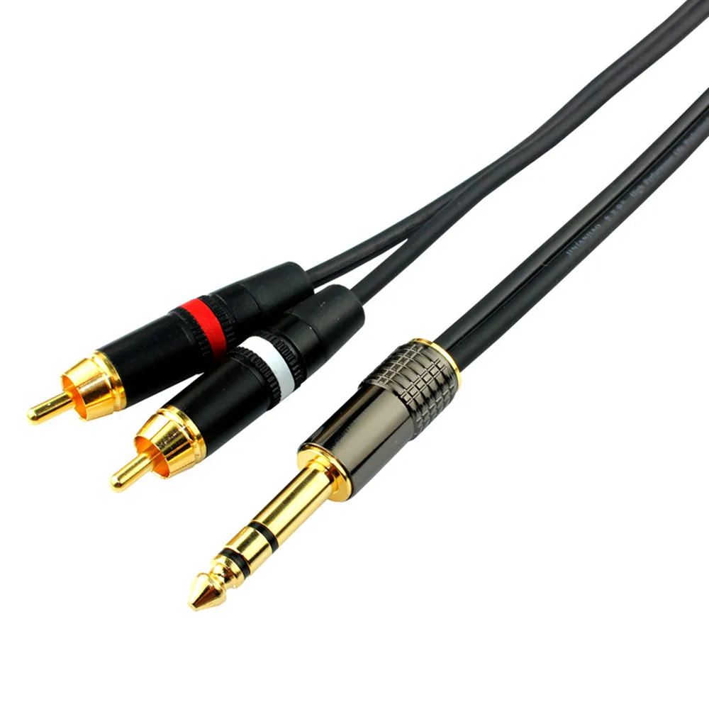 High Quality OFC 6.35mm Jake Stereo Male Plug Connector Cable to two RCA Male Audio Speaker