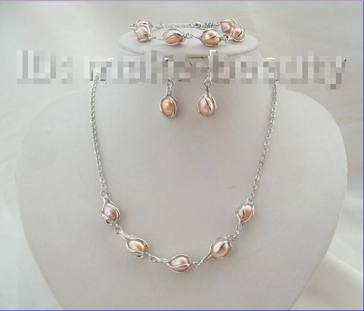 

shipping New style Natural noble jewelry>>>>CLASSIC baroque pink freshwater pearls necklace bracelet earrings set d404