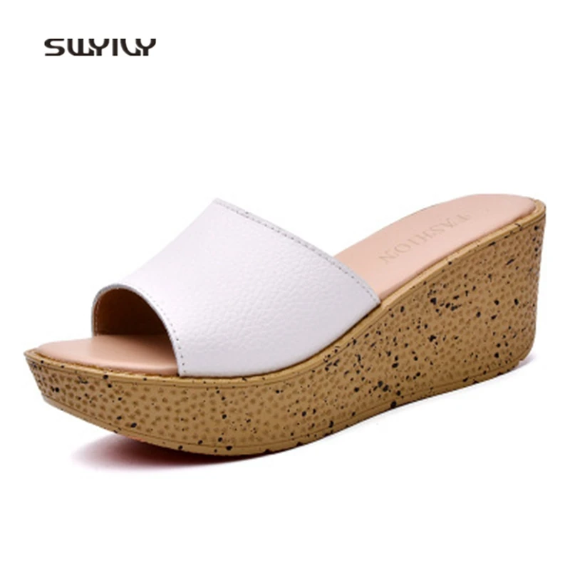 SWYIVY Women Toning Slippers Genuine Leather Wedge Swing Shoes 2018 Summer Lady Sandals Height Increasing Female Slimming Shoes