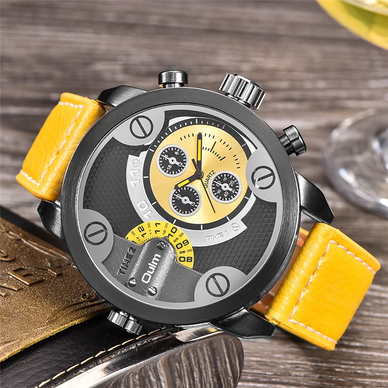  Oulm Military Watches Men Luxury Brand PU Leather Quartz Watch Man Two Time Zone Big Size Male Cloc