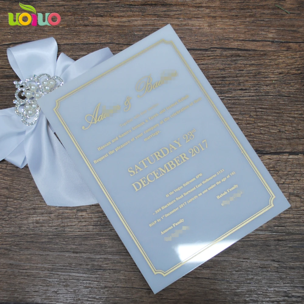 

Latest elegant white acrylic card with hot stamping gold words printing wedding invitation card made in china