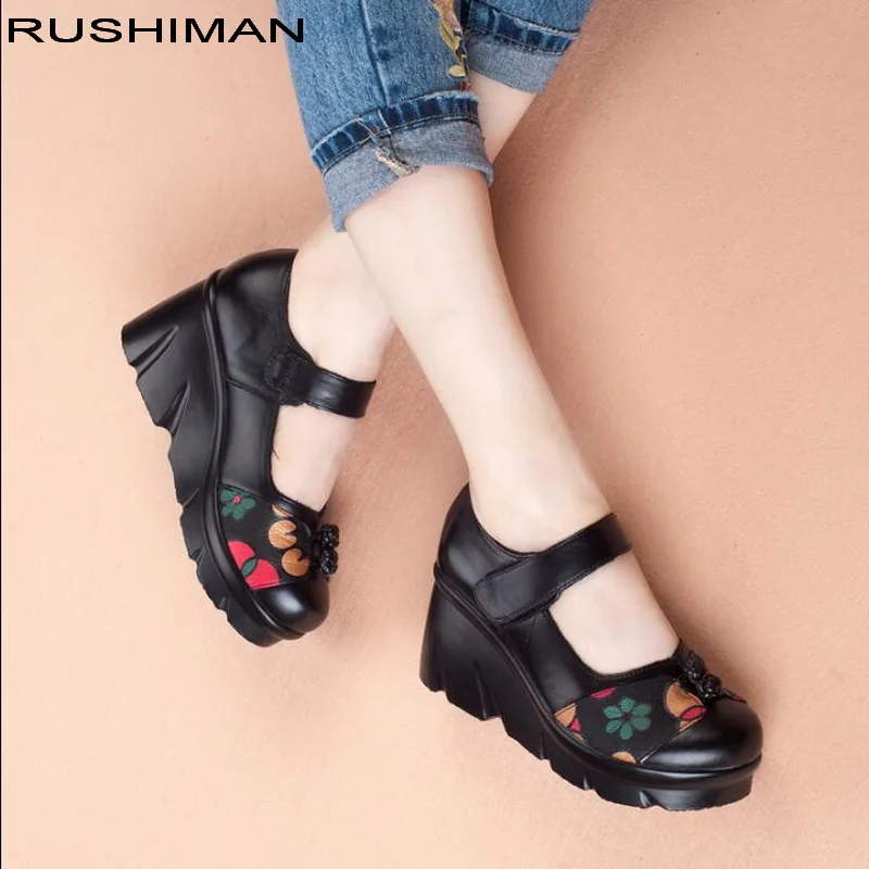 

Spring autumn thick bottom comfortable non-slip wedge women's singles shoes Vintage Genuine Leather Comfortable Casual Shoes