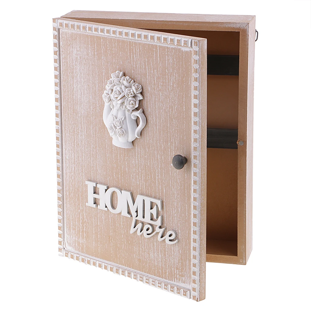 Shabby Chic Style Wooden Key Storage Box Wall Mount Shelf Cabinet Cupboard Rack with 6 Hooks Home Organizer for Letter