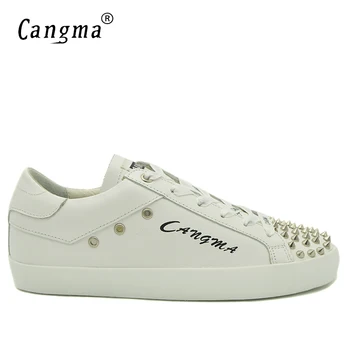 

CANGMA Famous Shoes Man's Rivets Lace Up Casual Shoes Handmade Genuine Leather White Sneakers Men Flats Male Durable Footwear
