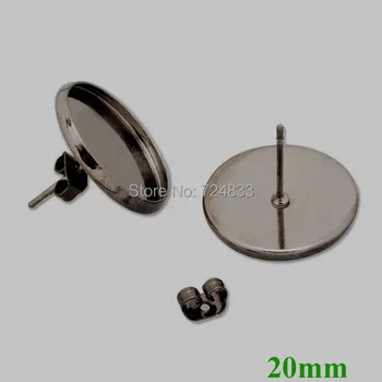

20mm New Gunmetal Black tone Blank Bases Round Bezel Pin Stud Earrings Post w/ Stopper Earring Settings Findings Wholesale