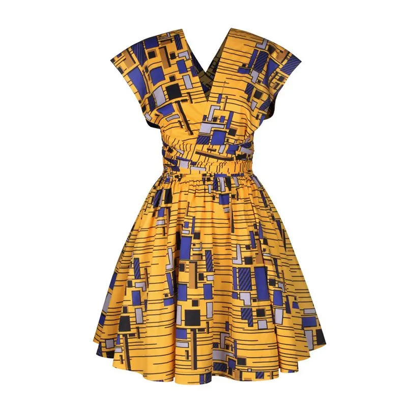 

2019 New Women Dress Summer Deep V Sexy Club Street Trendy Color Block Print Lace Up Backless Pleated Yellow Casual Dresses Girl