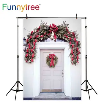

Funnytree photographic christmas background outdoor house white wreath decorations backdrops photography photo shoots wallpaper