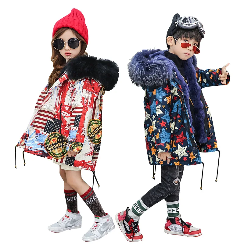 

Children's Fur Jacket Girls Jacket Boys 2019 Autumn and Winter raccoon Big fur collar Rex Rabbit fur long coat